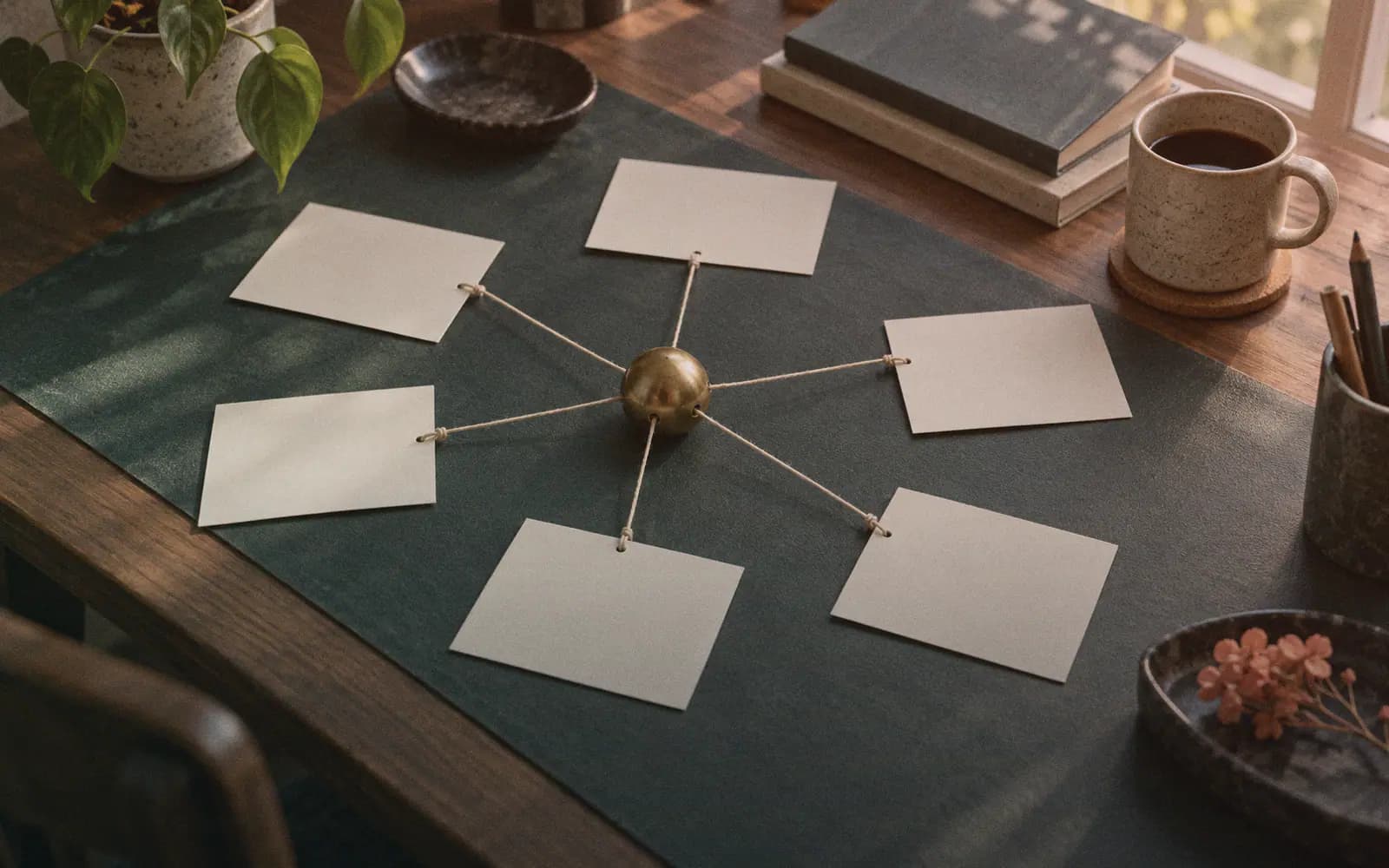 Generated photo: a tidy desk seen from above with several index cards connected by string to a central brass object, soft window light.