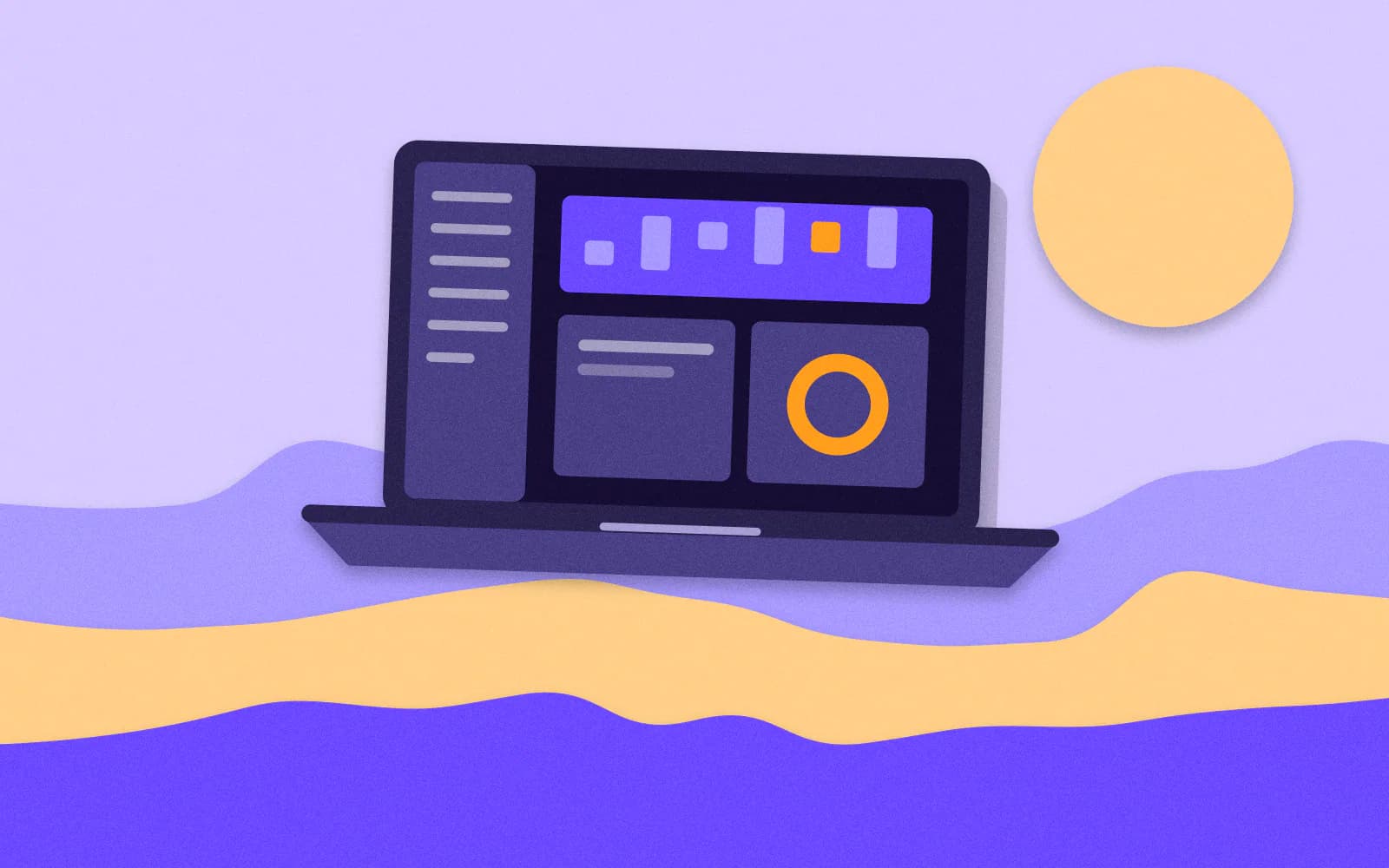 Paper-cut illustration: An open laptop showing an app window with a sidebar, a chart panel and a highlighted update badge.