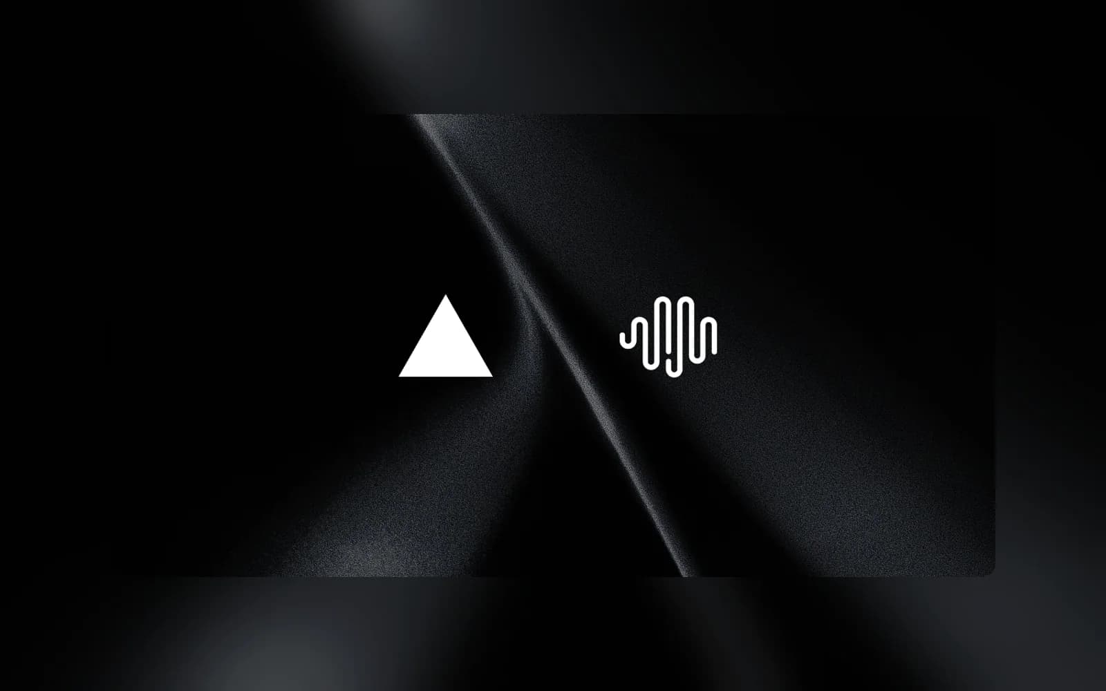 A white triangle and a white looping waveform symbol sit side by side against a black background with softly lit fabric folds.
