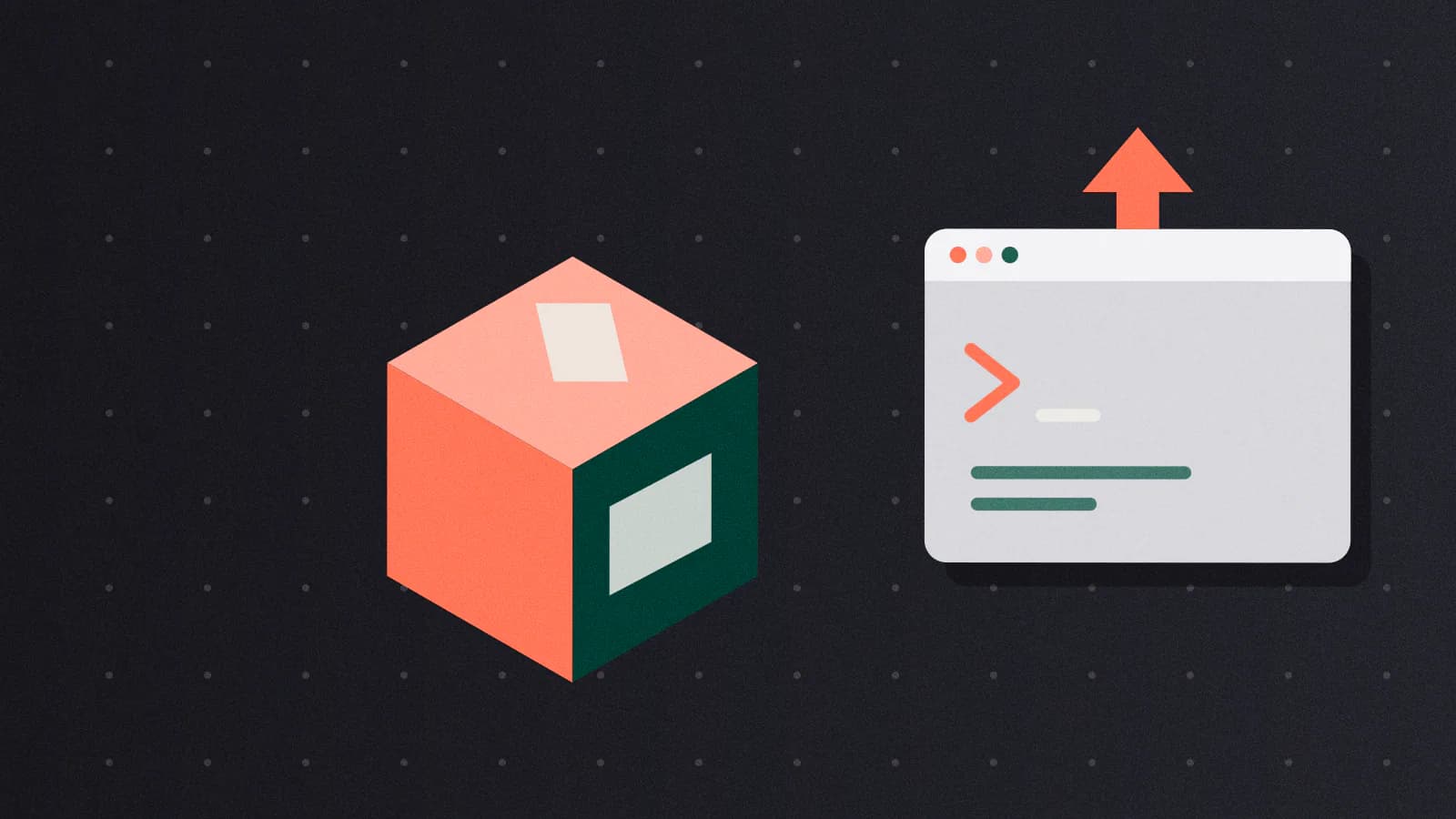 A shipping box with a label and tape, an upward arrow, and a terminal prompt chevron beside it.