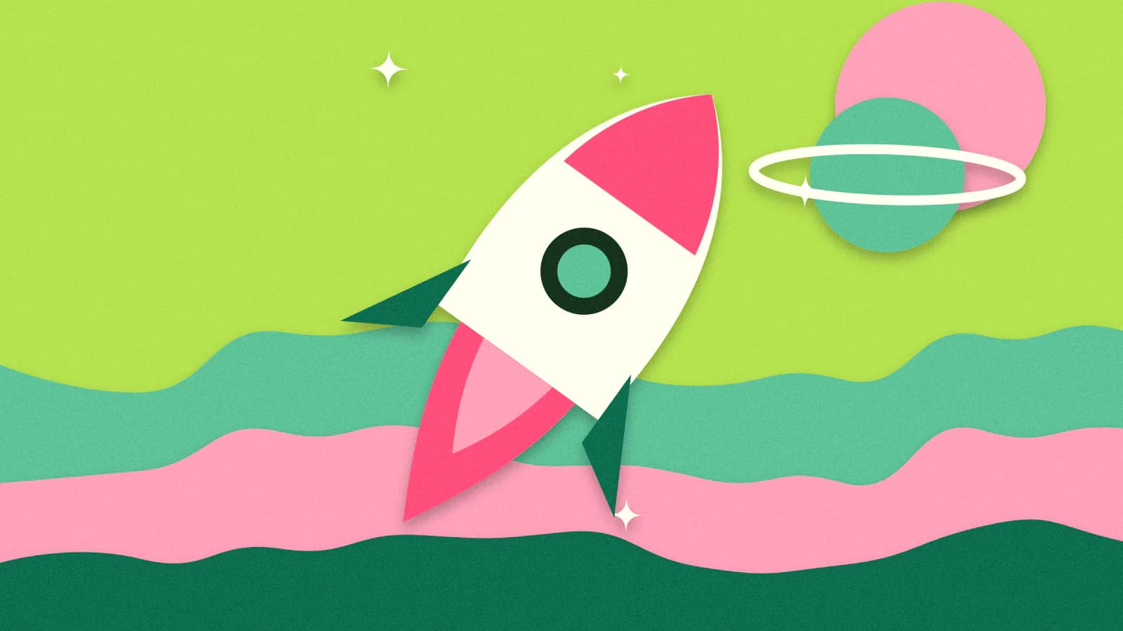 Paper-cut illustration: A rocket lifting off at an angle with a bright flame, past a few small stars and a ringed planet.