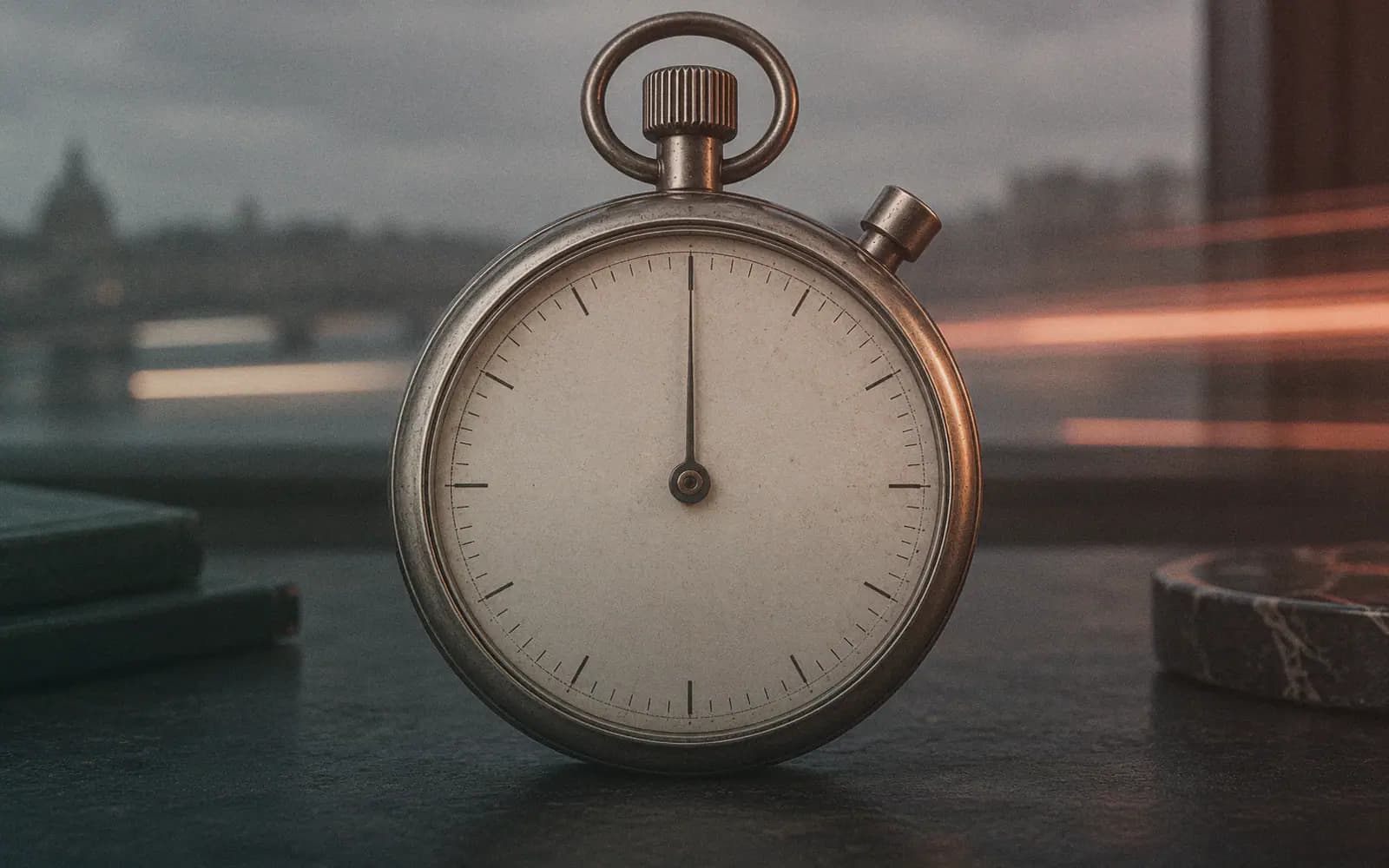 Generated photo: a vintage stopwatch on a dark desk with motion-blurred light streaks behind it, warm coral rim light.