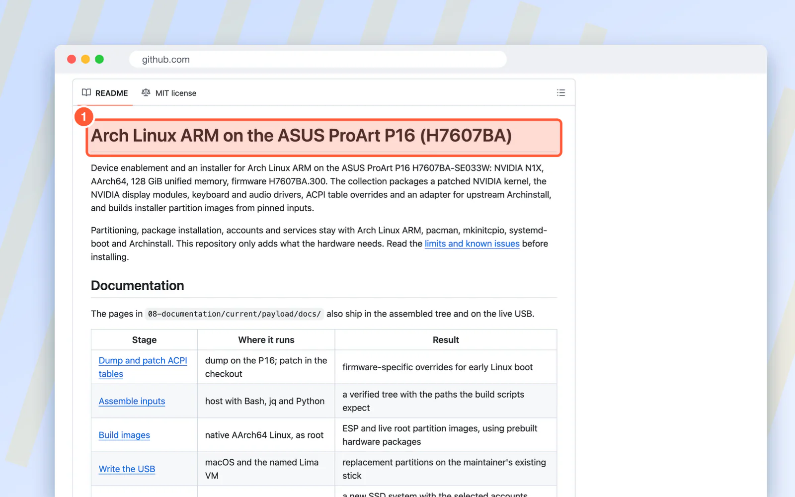 Screenshot of GitHub's page "GitHub - pfeifferj/archlinuxarm-proart-p16: Device enablement and an installer for Arch Linux ARM on the ASUS ", with "Arch Linux ARM on the ASUS ProArt P16 (H7607BA)" highlighted.