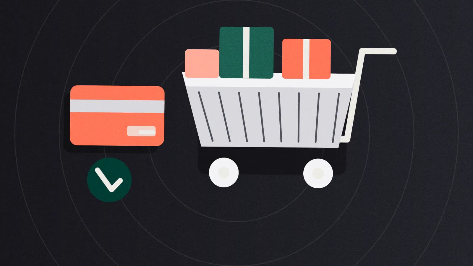 A shopping cart filled with parcels next to a payment card and a checkmark.