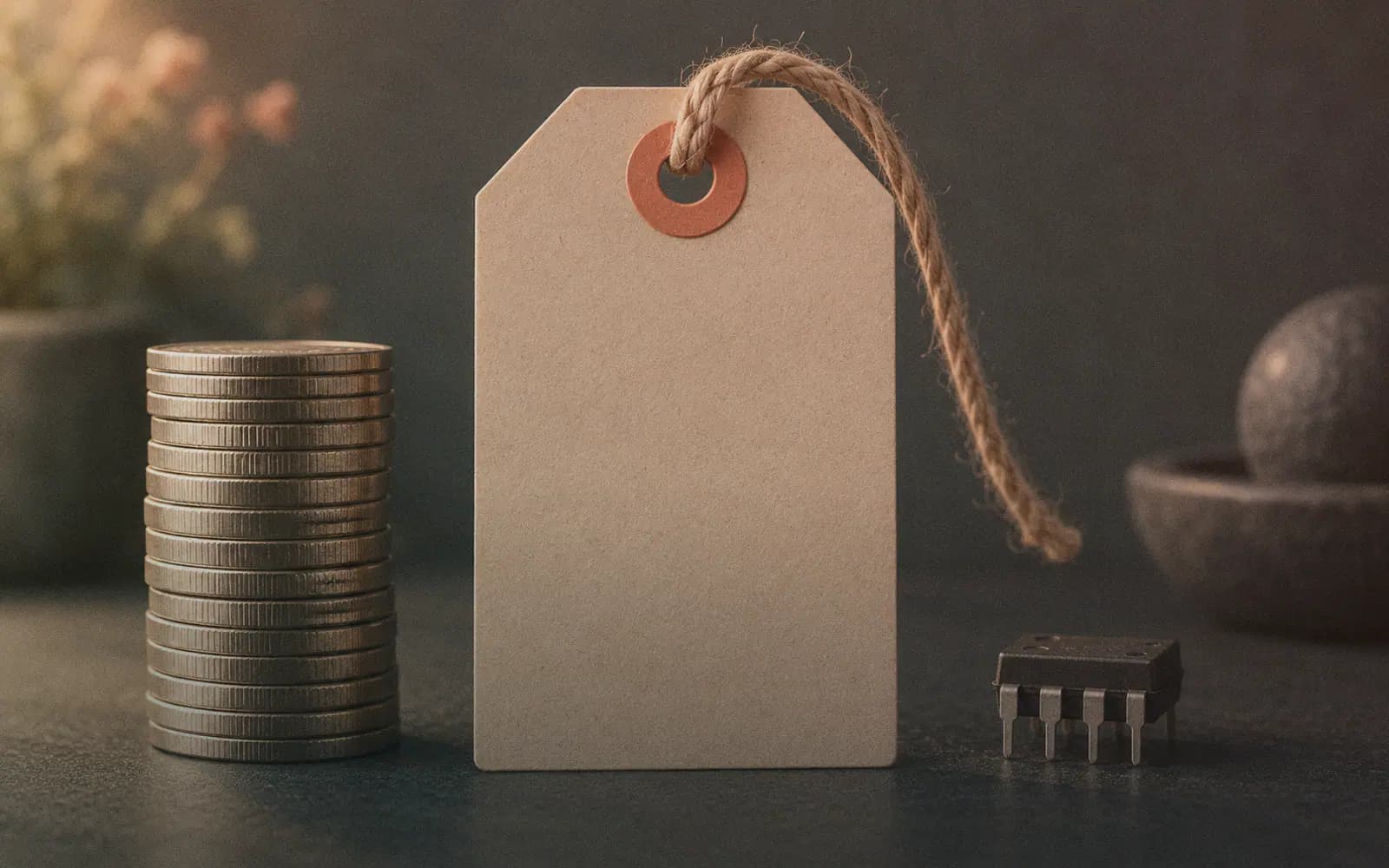 Generated photo: a big paper price tag on a string filling the foreground, a tall stack of coins and a small electronic component beside it on a matte surface, warm side light.