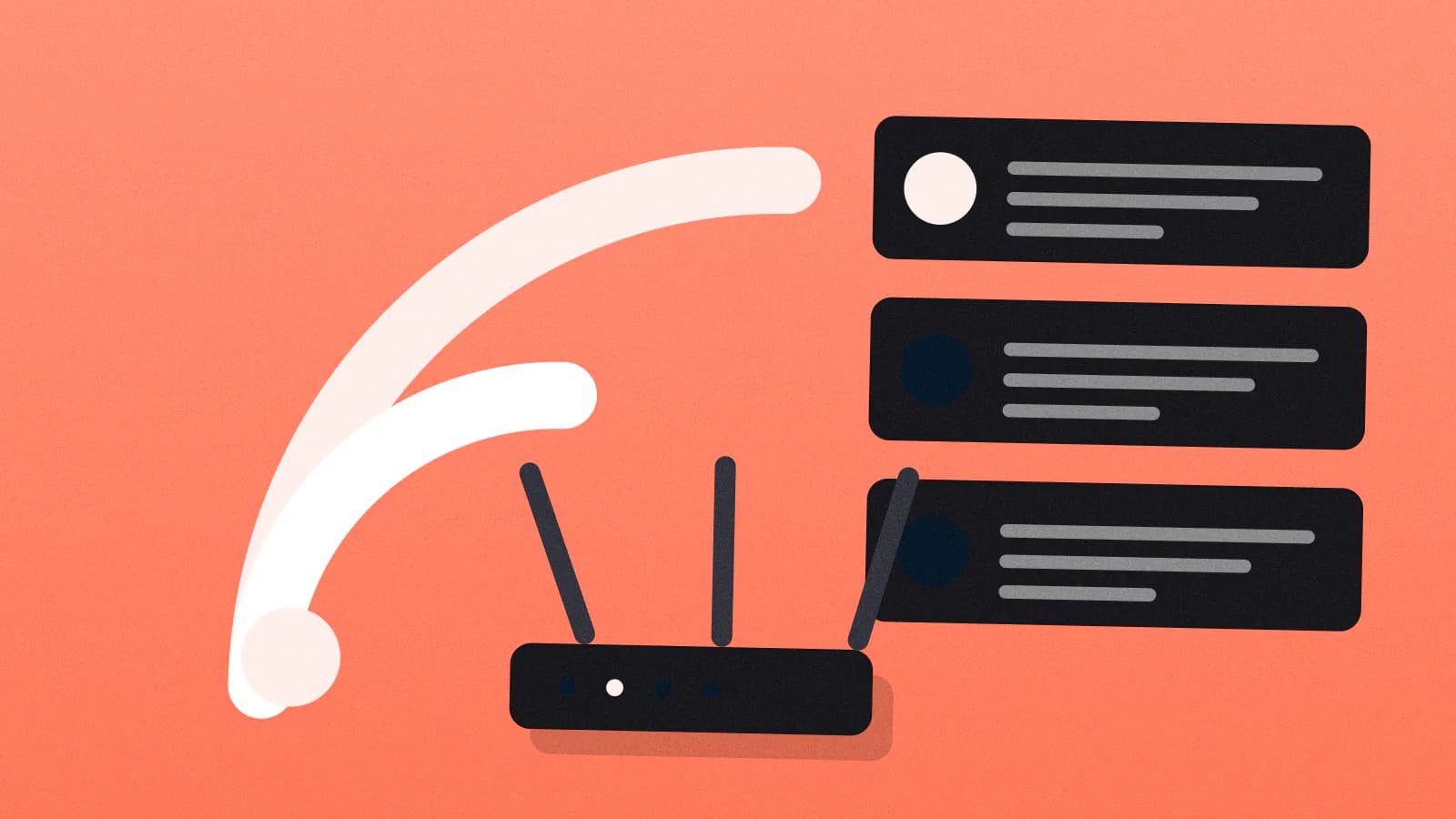 A large feed symbol made of a dot and two arcs above a router with antennas and a row of incoming post cards.
