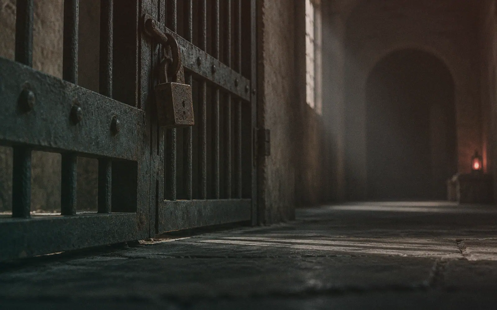 Generated photo: a heavy steel gate with a padlock in a dark corridor, thin streams of light stopping at the bars, empty space beyond.