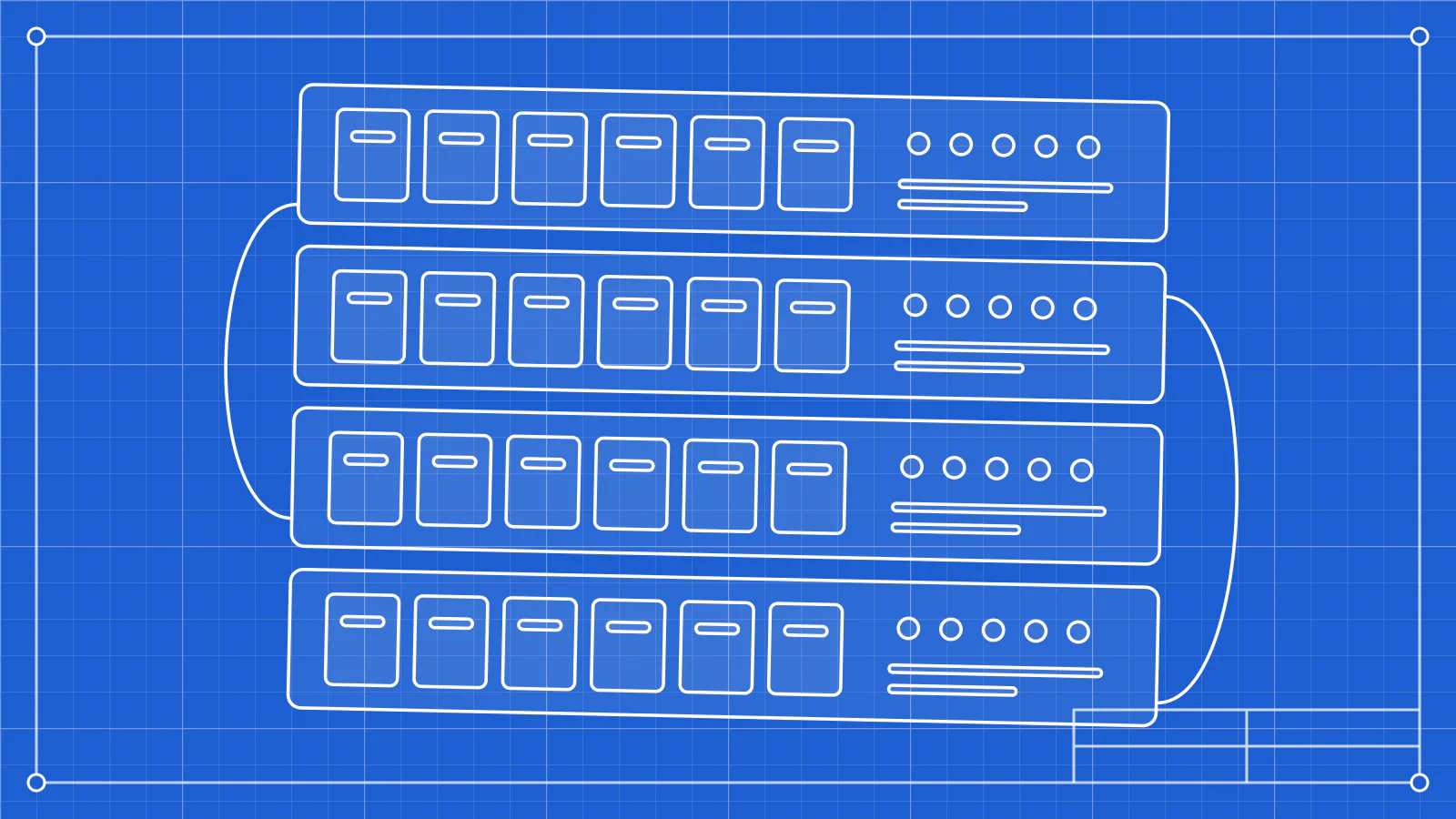 Blueprint-style line drawing: A stack of rack servers with drive bays, status lights and network cables.