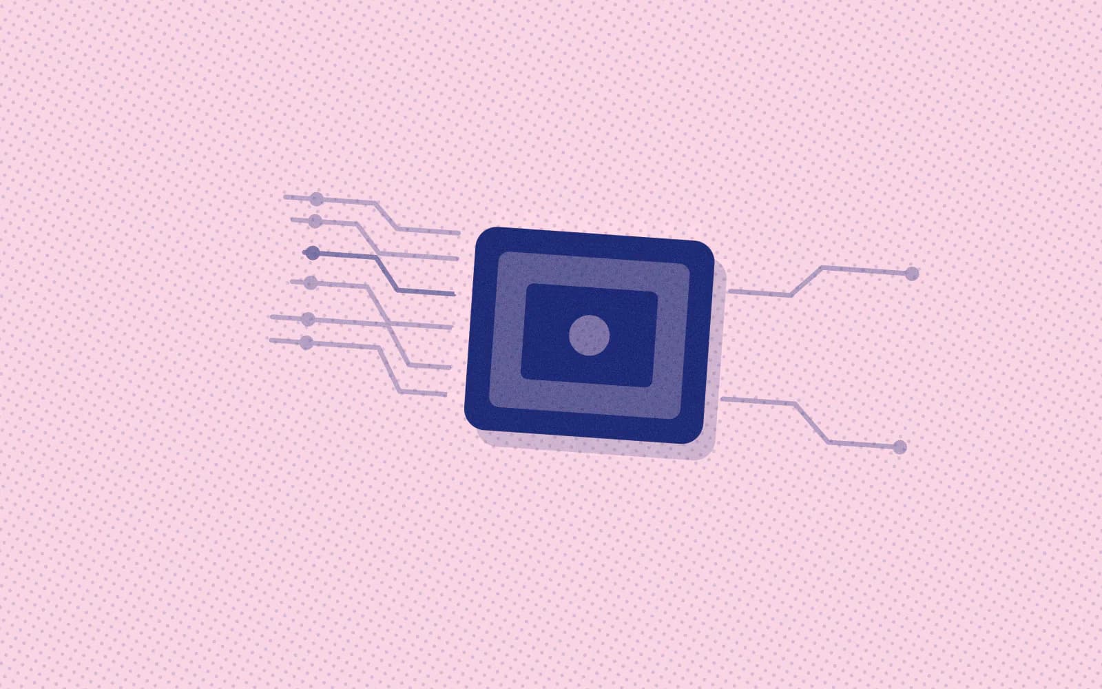 Two-colour print illustration: A square processor chip with pins on every side and circuit traces fanning out toward glowing nodes.