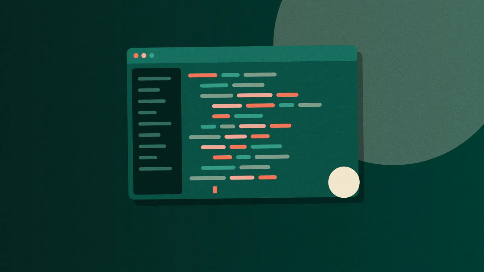A code editor window with a file sidebar, colored lines of code, a blinking cursor and a passing-check badge.