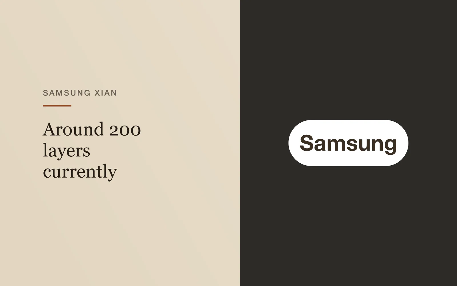 Headline-fact card with the Samsung name, Samsung Xian: Around 200 layers currently.