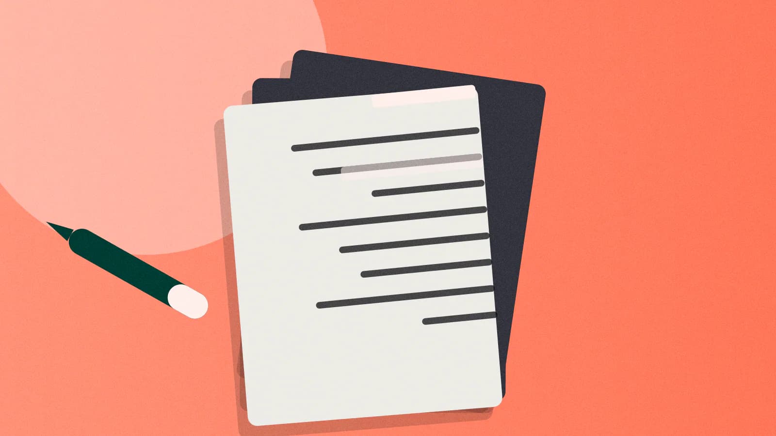 Three stacked paper sheets with text rows and a coral highlighter stripe over the key lines.