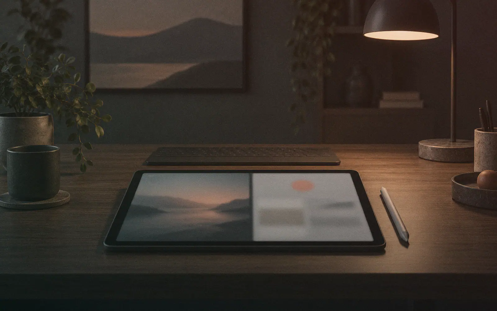 Generated photo: a large modern tablet lying on a wooden desk with a stylus beside it, screen showing blurred split windows, a keyboard cover folded behind.