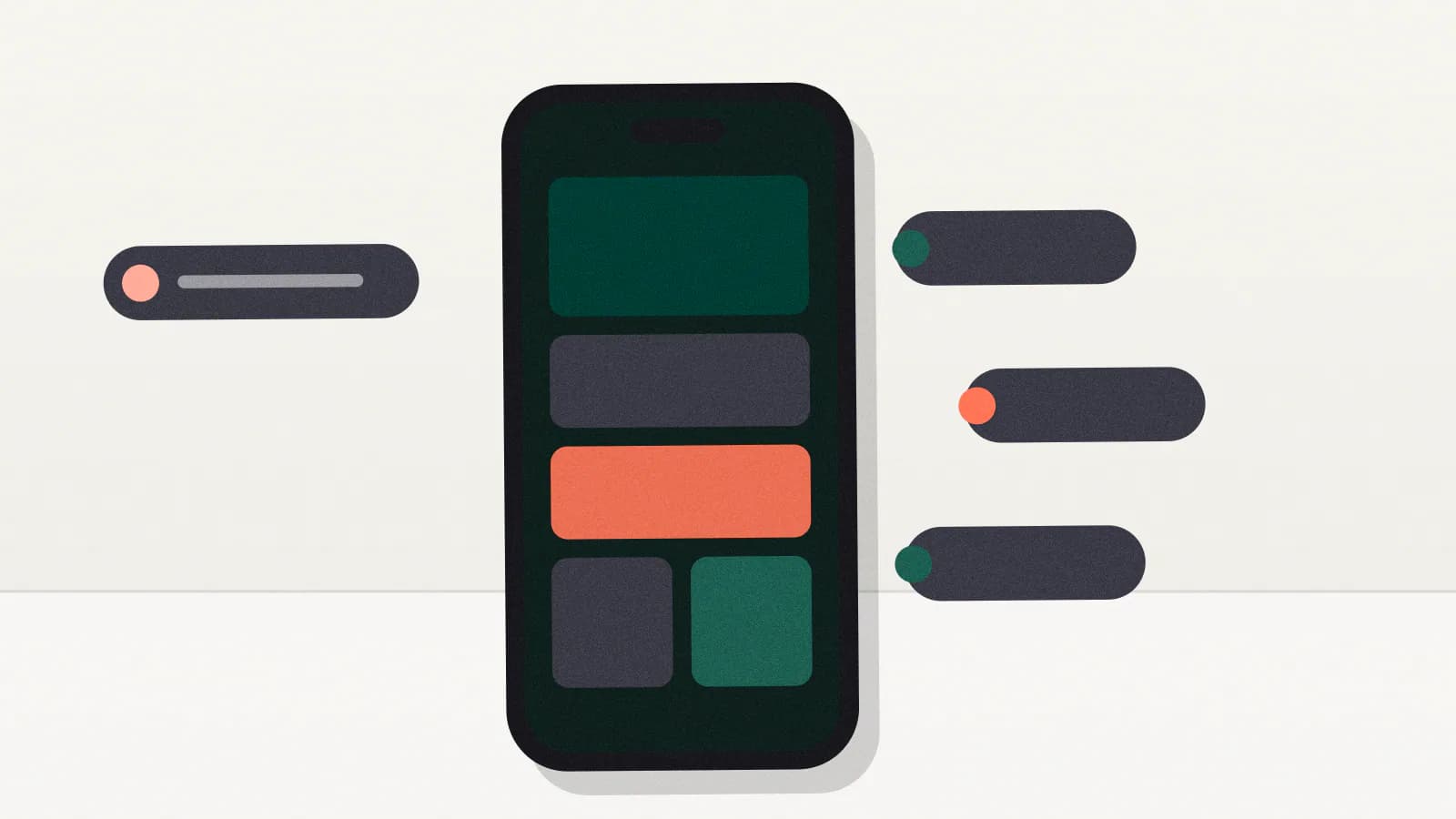 A smartphone showing stacked app cards with floating notification chips around it.