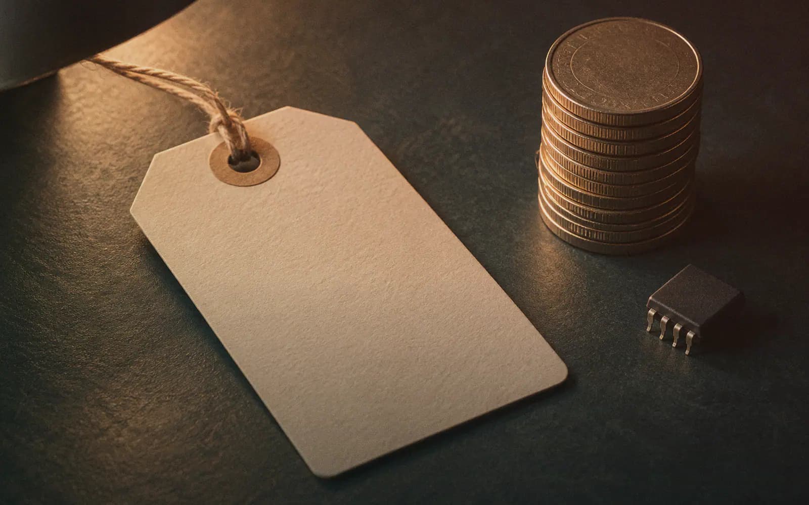Generated photo: a big paper price tag on a string filling the foreground, a tall stack of coins and a small electronic component beside it on a matte surface, warm side light.