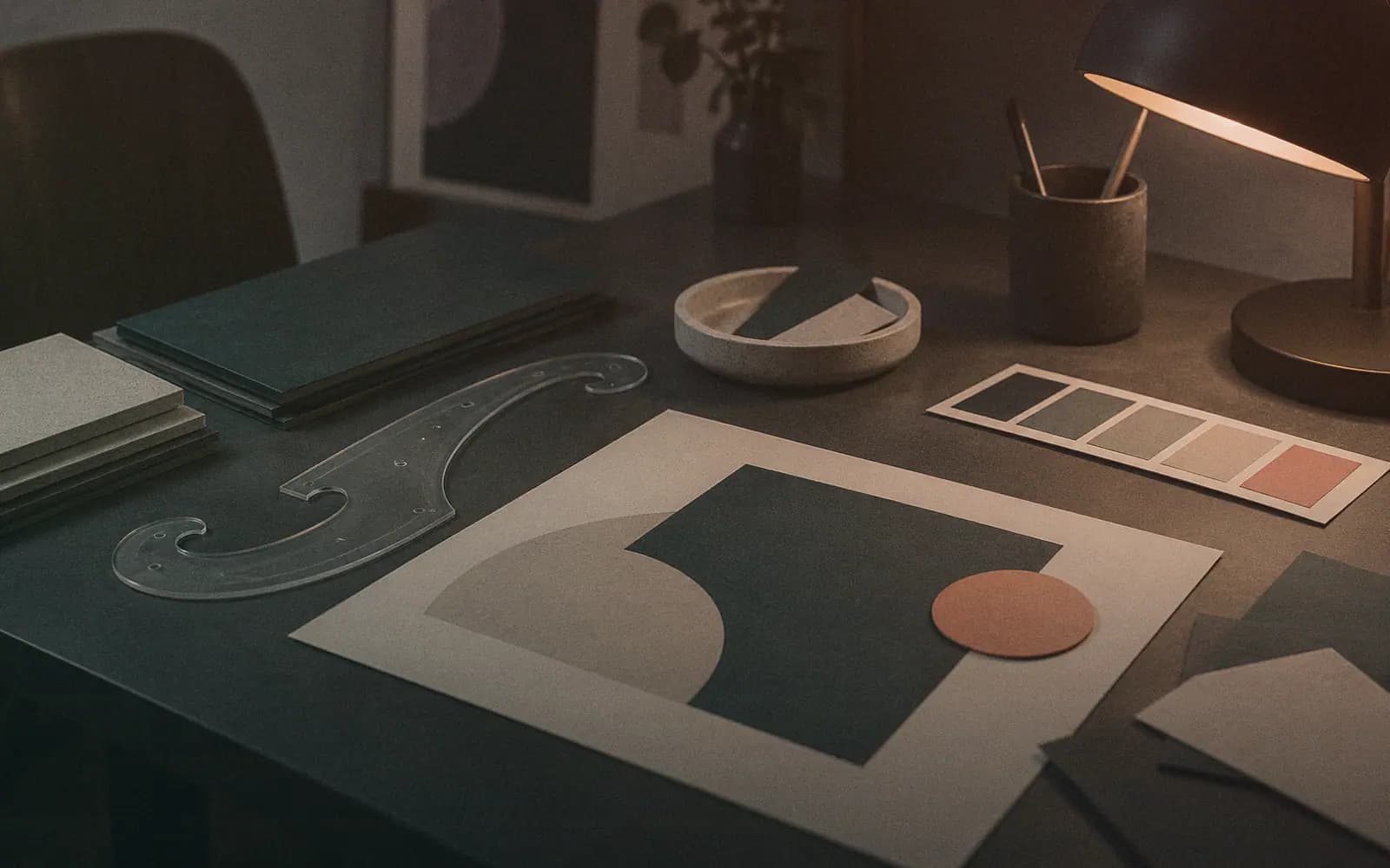 Generated photo: a graphic designer's flat lay of paper shapes, a bezier curve ruler and color swatches on a desk, soft light, no people.