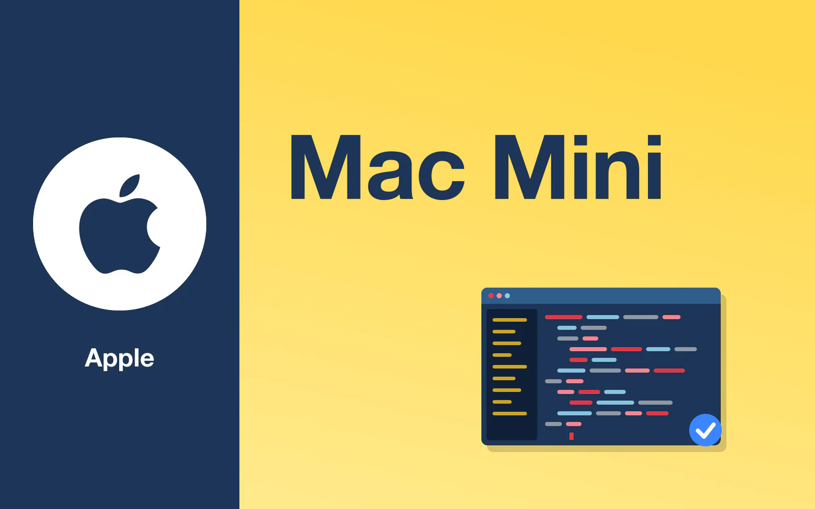 Topic card reading "Mac Mini" with the Apple logo, next to a code editor window with a file sidebar, colored lines of code, a blinking cursor and a passing-check badge.