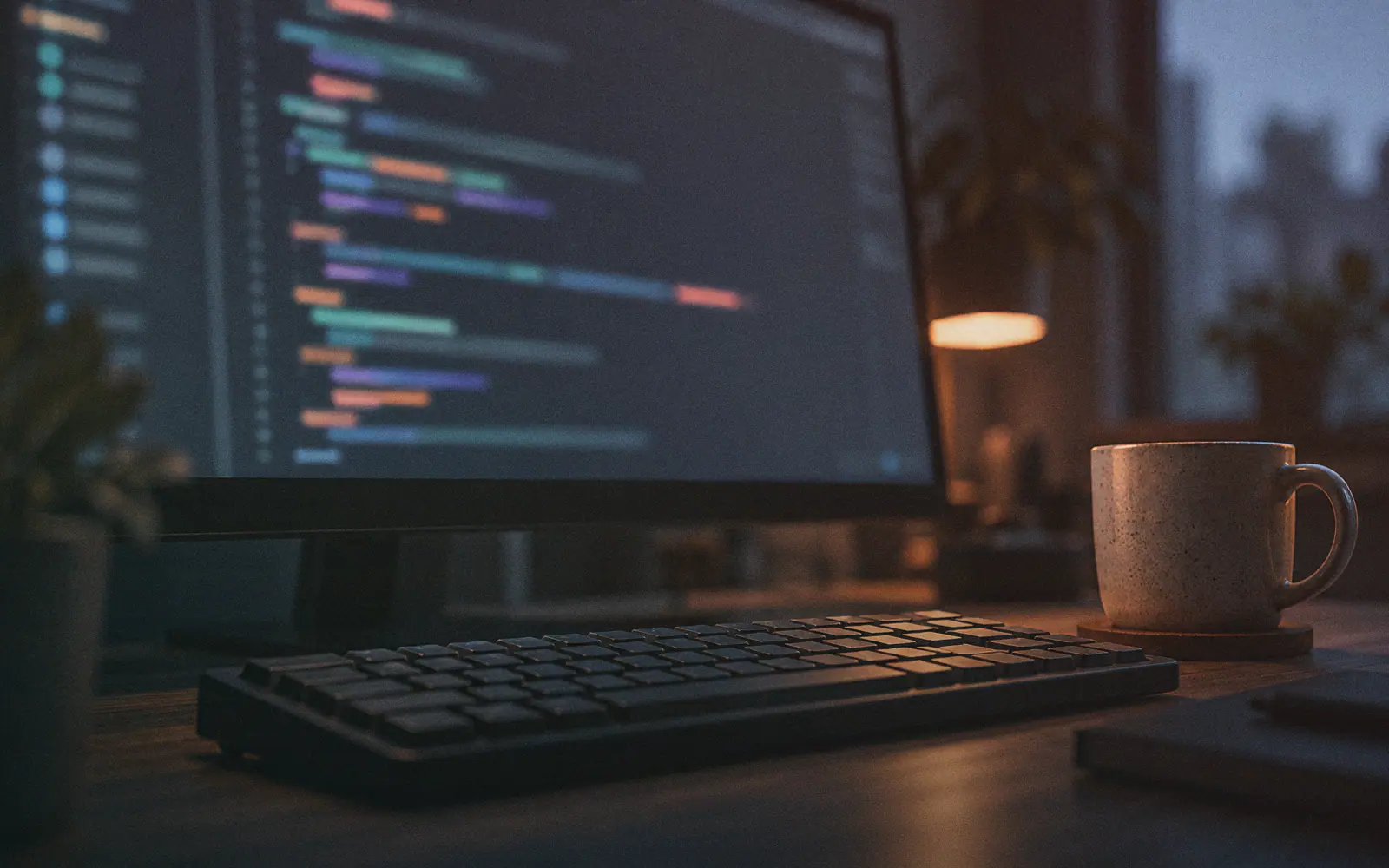 Generated photo: a dark code editor on a widescreen monitor in a dim room, blurred colored syntax lines, a coffee mug beside the keyboard.